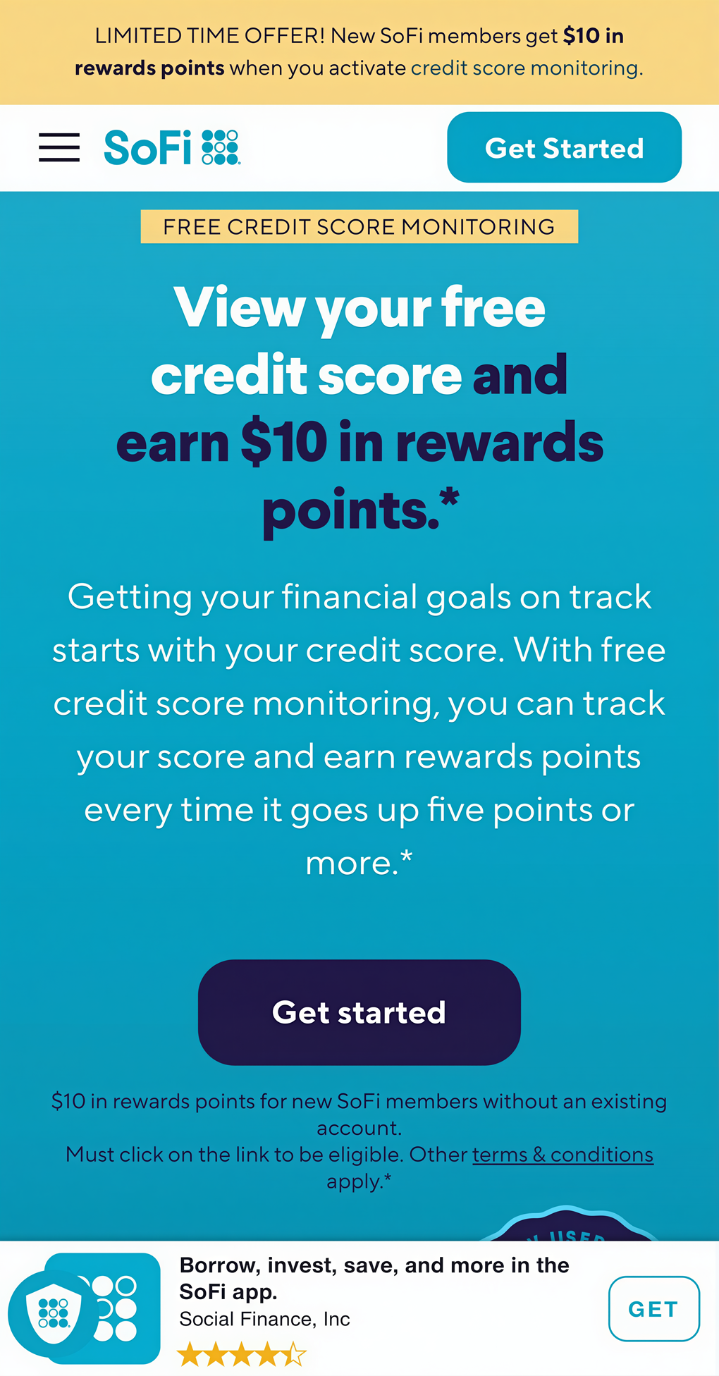 SoFi Get Started registration page