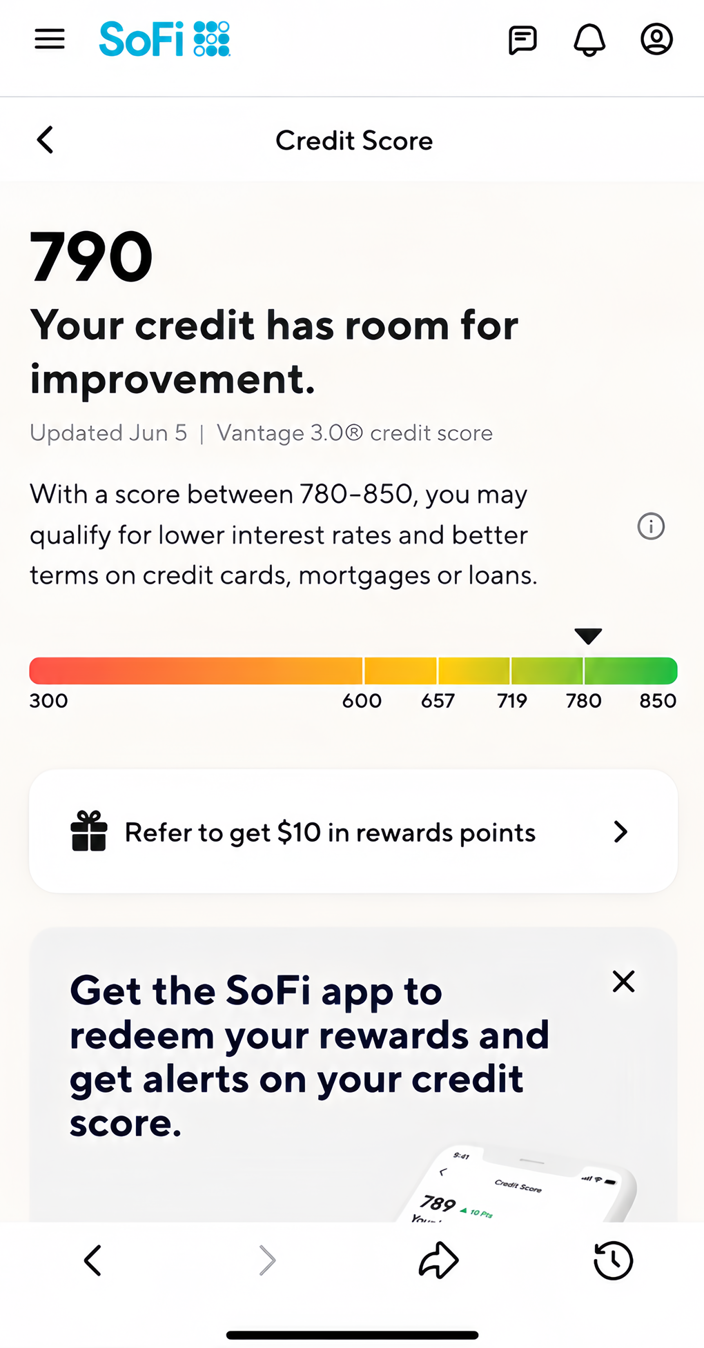Credit score page shown after registration